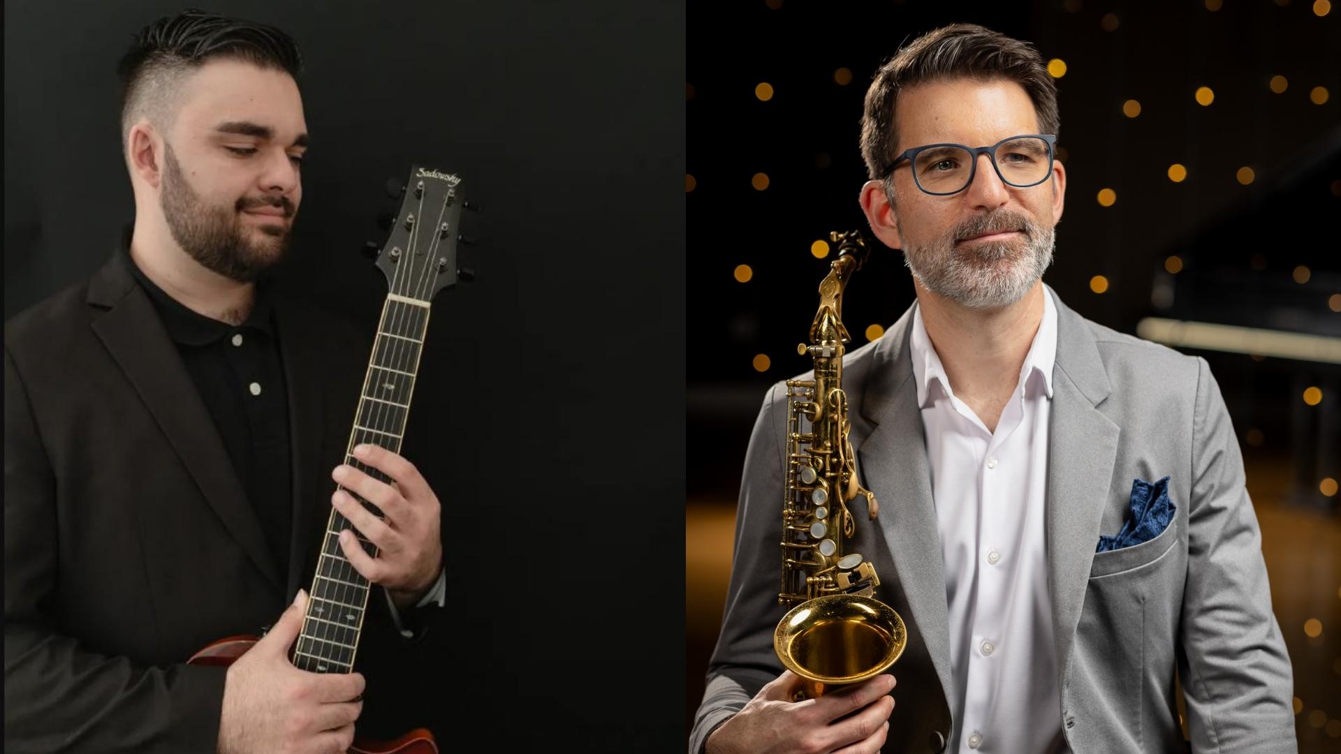 Kris Allen with a saxophone and Gianni Gardener with a guitar